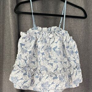 SHEIN Blue and White Floral Ruffle Blouse